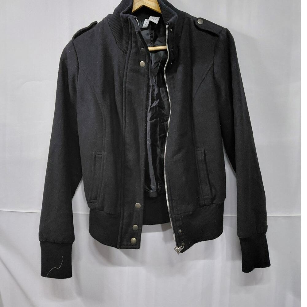 Voice Wool Blend Bomber Jacket Black Solid Long Sleeve Size M
